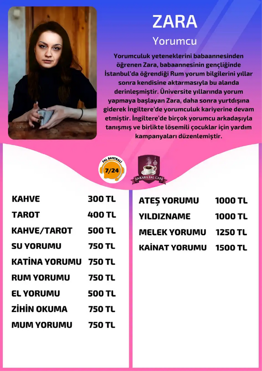 Online yorumcu Zara Ankara Fal Cafe online su yorumu tanıtım ve fiyat bilgisi görseli