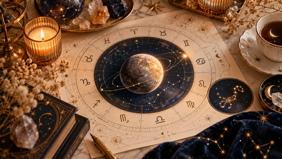 2026 Merkür retrosu tarihleri ve burçlara etkilerini simgeleyen Merkür gezegeni, astroloji haritası ve burç sembolleri. Kopyala