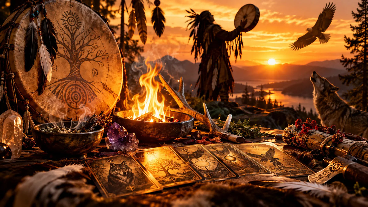 Şamanizm nedir? Şaman tarotu kartları, ateş ritüeli, şaman davulu ve doğa sembolleriyle kadim Şamanizm gelenekleri.