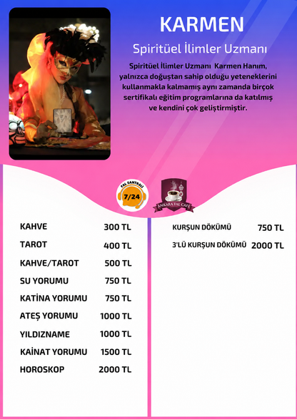 Online yorumcu Karmen Ankara Fal Cafe online 3'lü kurşun dökümü fiyat listesi görseli