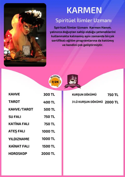 Online yorumcu Karmen Ankara Fal Cafe online su yorumu fiyat listesi görseli