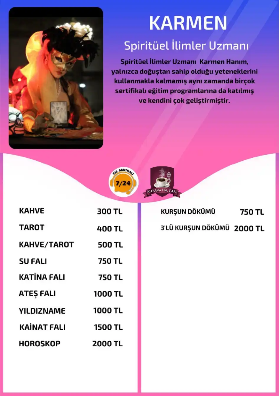 Online yorumcu Karmen Ankara Fal Cafe online tarot yorumu fiyat listesi görseli