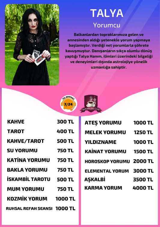 Online yorumcu Talya Ankara Fal Cafe online iskambil tarotu tanıtım ve fiyat bilgisi görseli