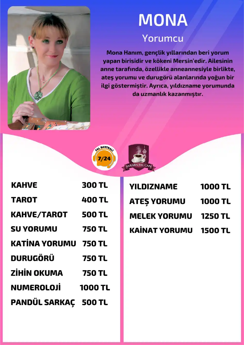 Yorumcu Mona Ankara Fal Cafe online yorum fiyat listesi görseli