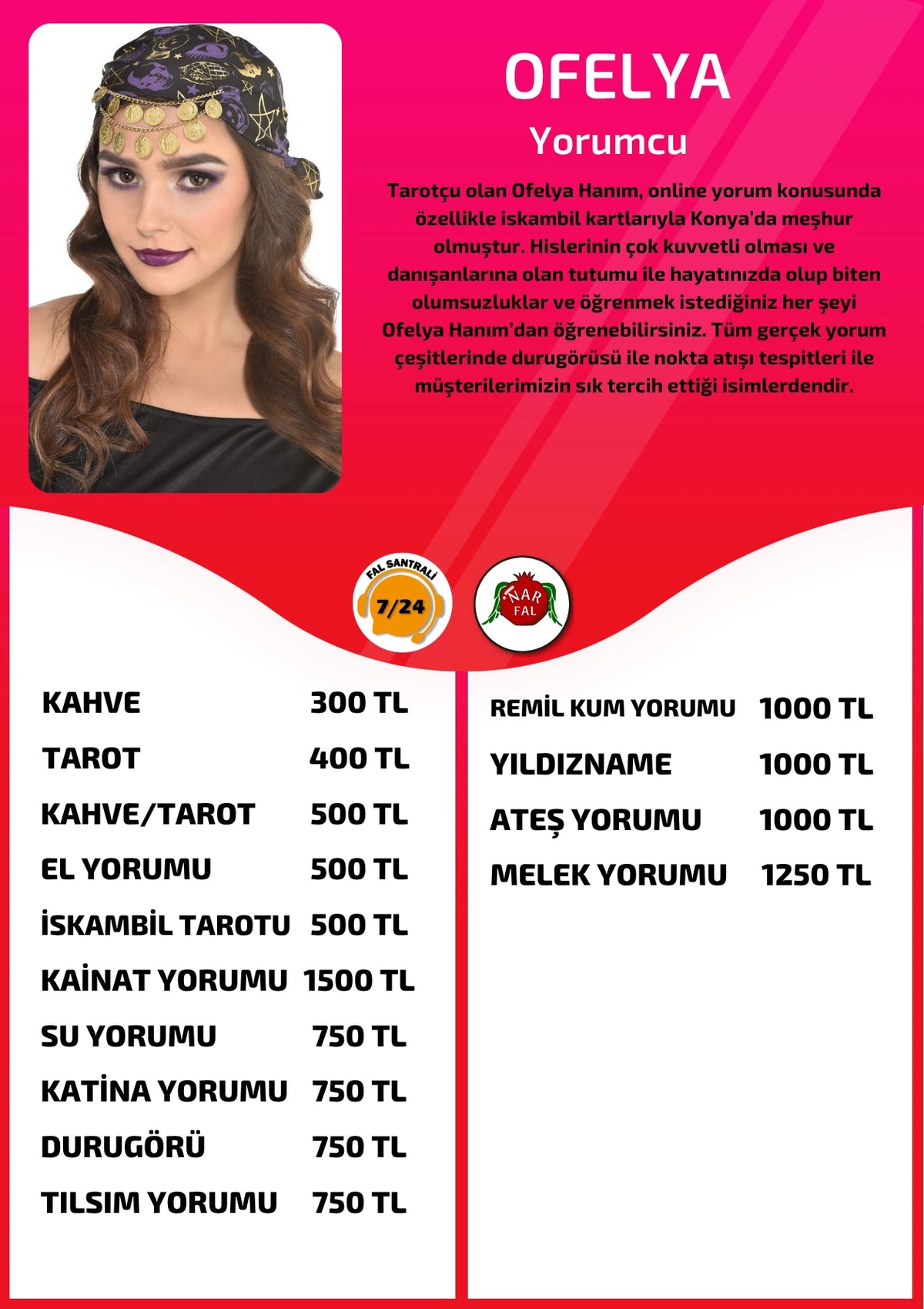 Nar Fal Cafe online yorumcu Ofelya fiyat listesi görseli