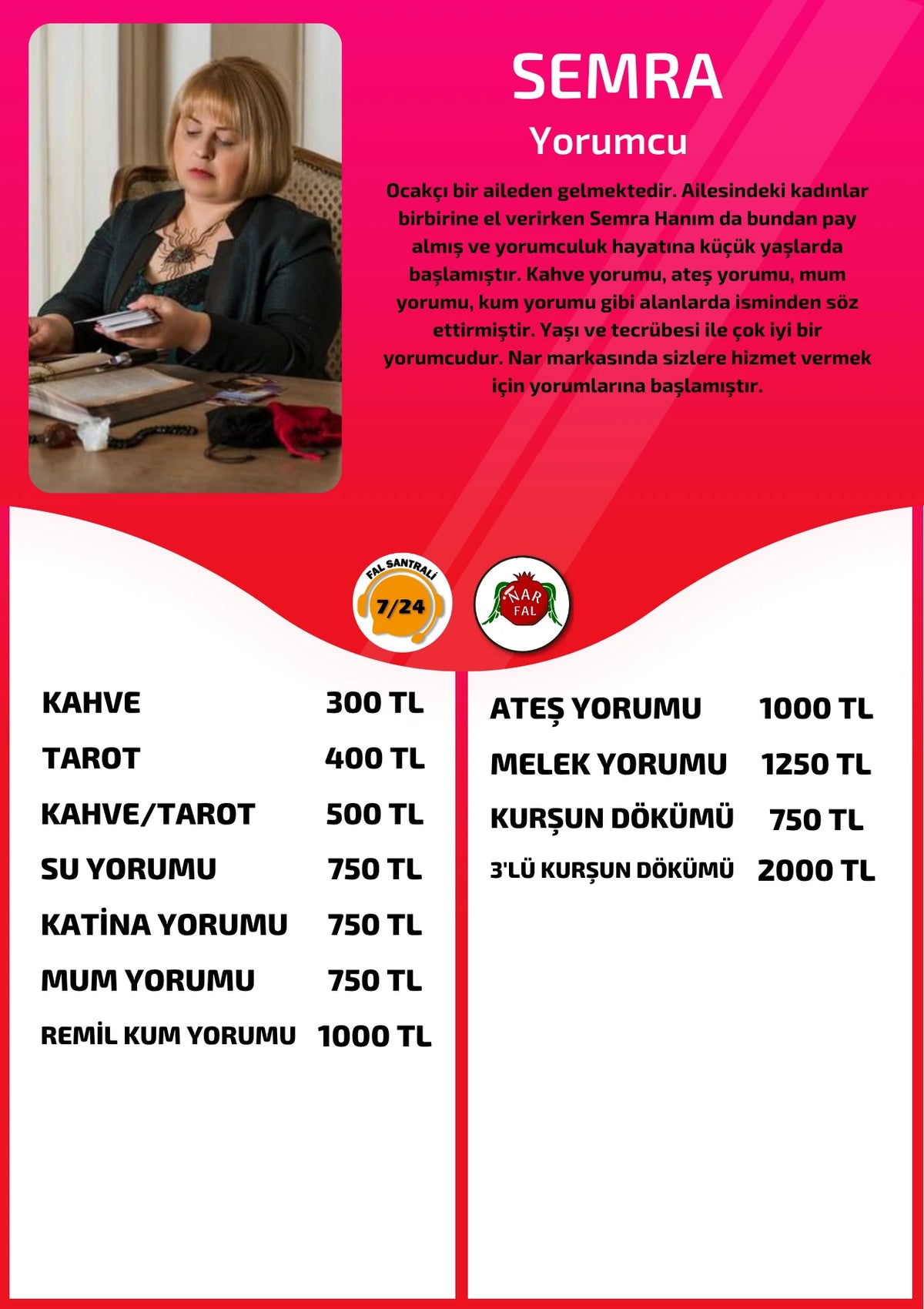 Nar Fal Cafe online yorumcu Semra fiyat listesi görseli