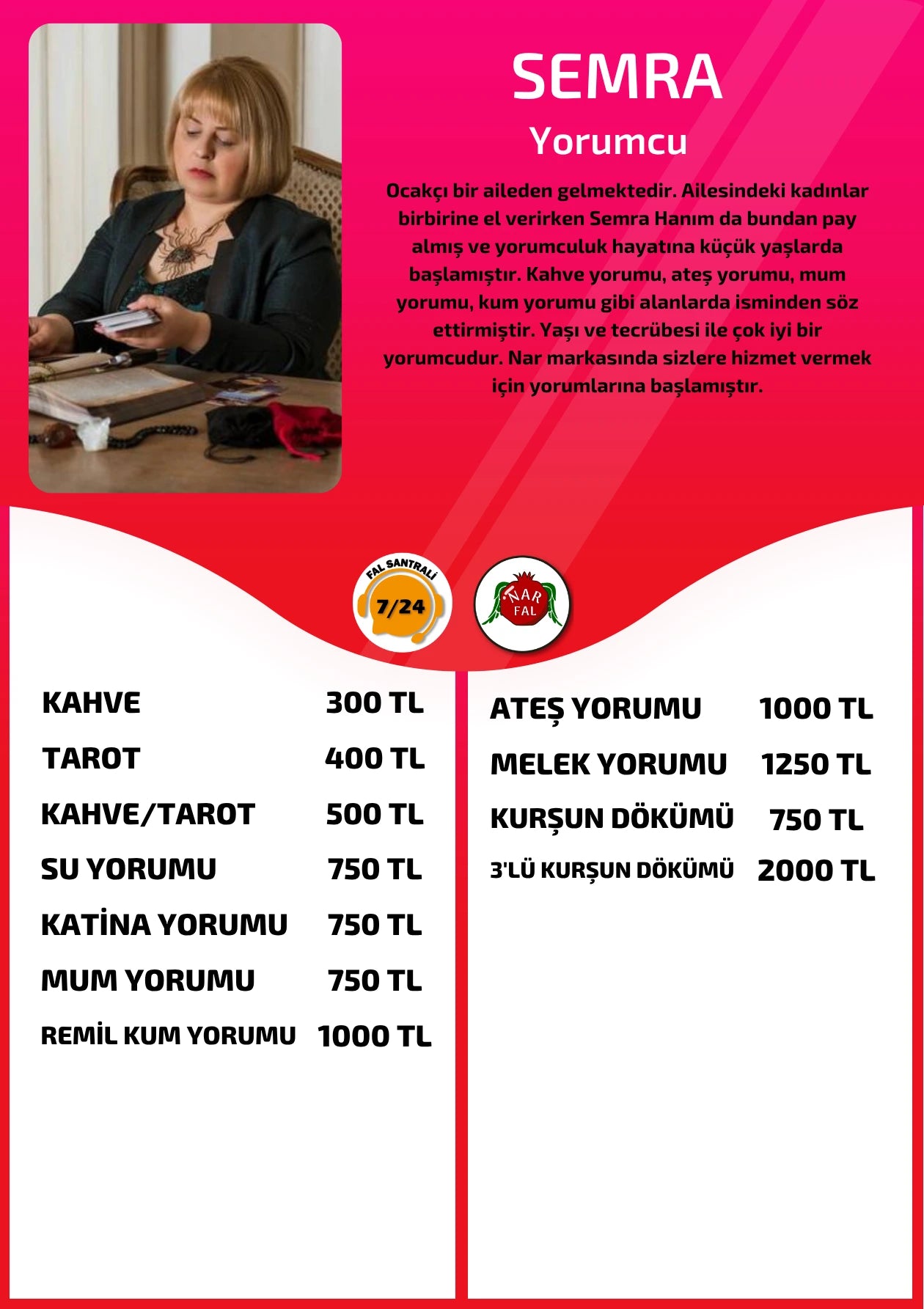 Nar Fal Cafe online yorumcu Semra fiyat listesi görseli