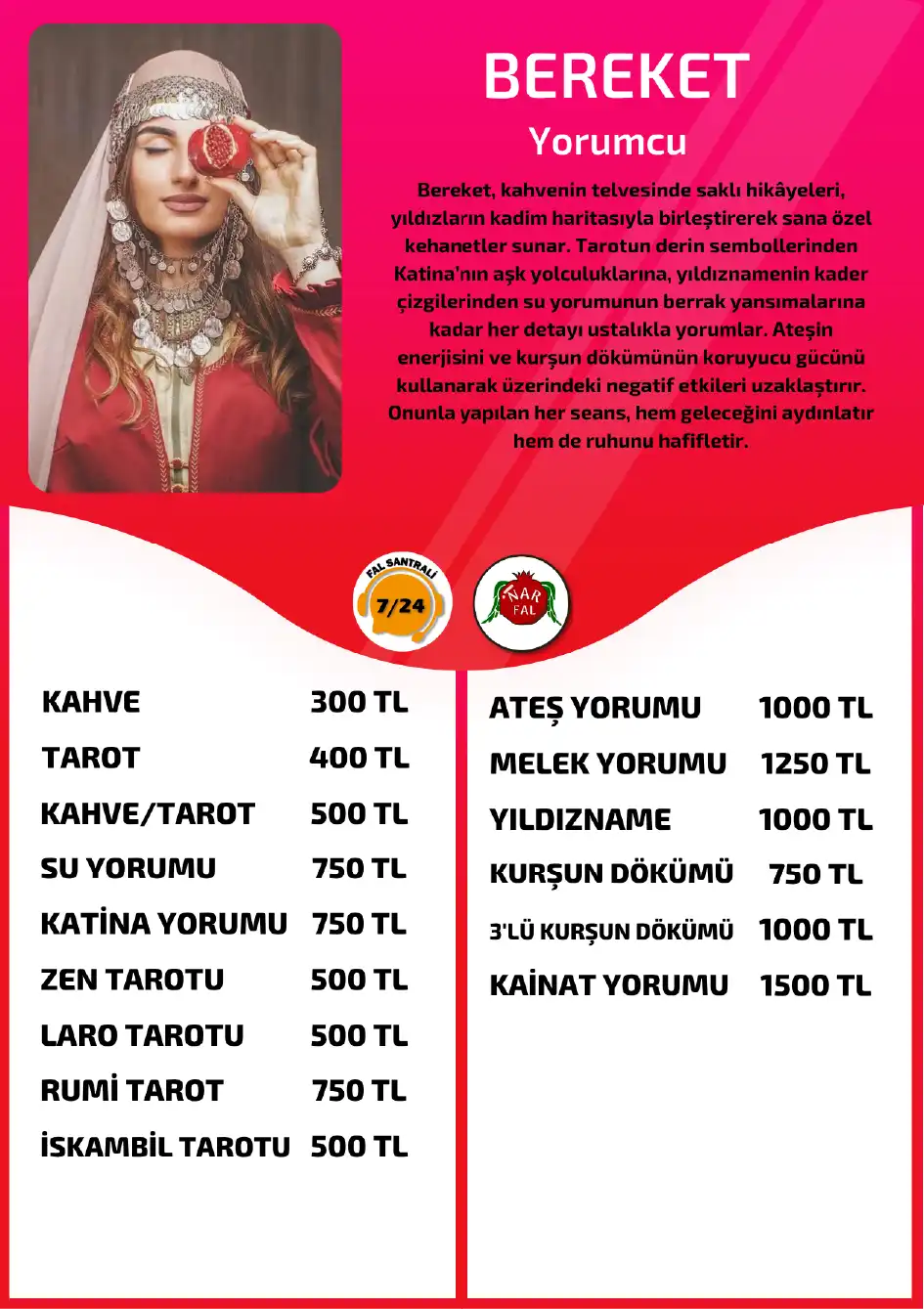 Yorumcu Bereket Nar Fal Cafe online Laro tarotu tanıtım ve fiyat bilgisi görseli