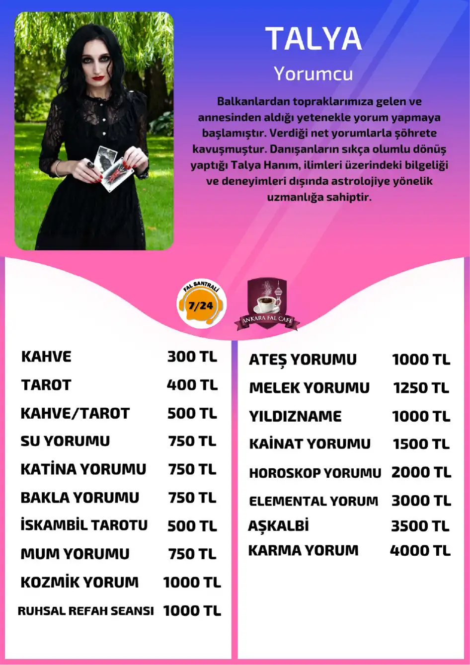 Ankara Fal Cafe yorumcu Talya online elemental yorumu fiyat bilgisi görseli