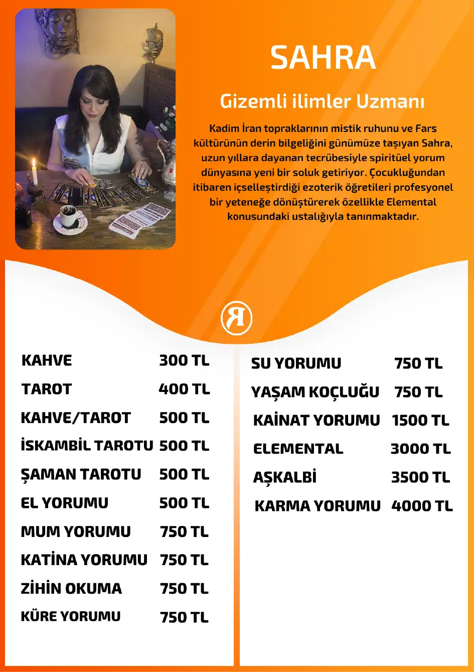 Turuncu Fal Cafe yorumcu Sahra fiyat bilgisi görseli