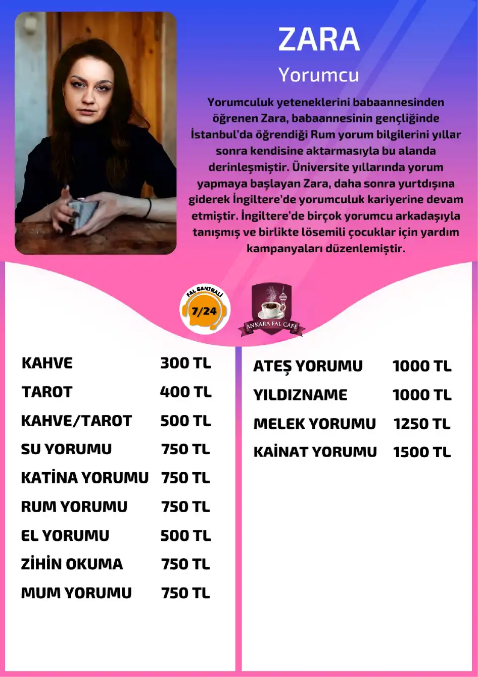Ankara Fal Cafe yorumcu Zara online el yorumu fiyat bilgisi görseli